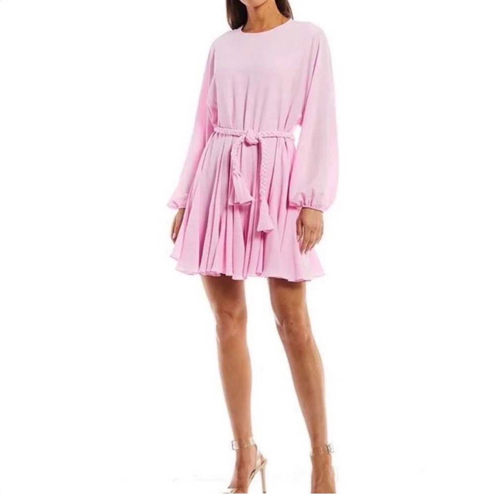 Gianni Bini Pink Pleated Mini Dress Braided Belt Long Sleeve M
